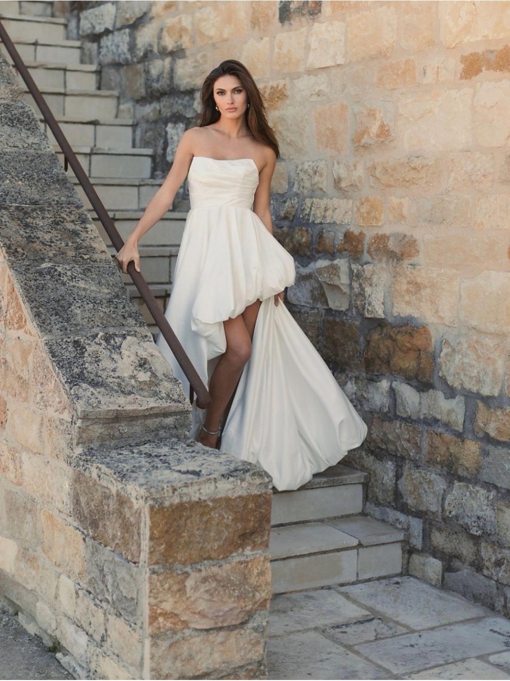 Mac Duggal White Strapless Ruched High Low Gown